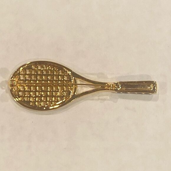 Tennis Racquet Brooch Pin Black and Gold Tone - Picture 3 of 6